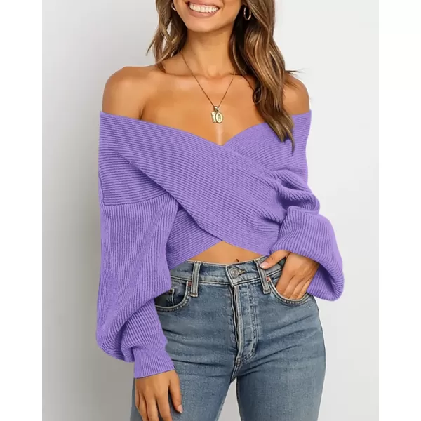 BTFBM Women Casual V Neck Long Sleeve Sweaters Cross Wrap Front Off Shoulder Asymmetric Hem Knitted Crop Solid PulloverSolid Purple
