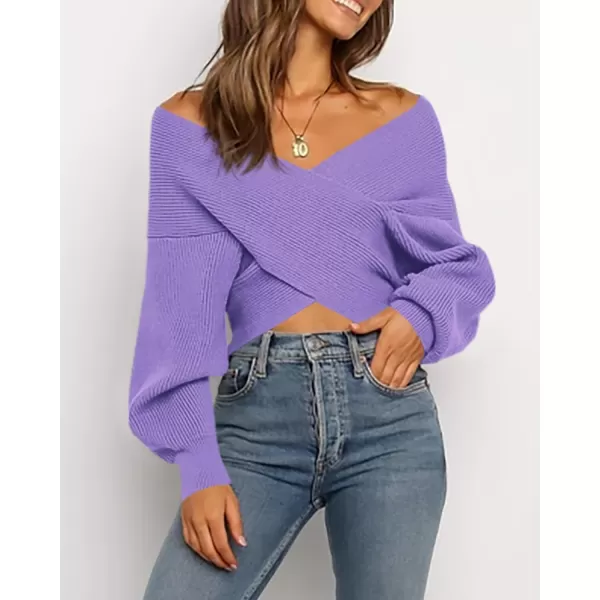BTFBM Women Casual V Neck Long Sleeve Sweaters Cross Wrap Front Off Shoulder Asymmetric Hem Knitted Crop Solid PulloverSolid Purple