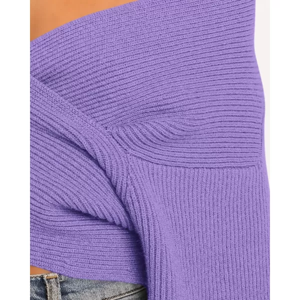 BTFBM Women Casual V Neck Long Sleeve Sweaters Cross Wrap Front Off Shoulder Asymmetric Hem Knitted Crop Solid PulloverSolid Purple