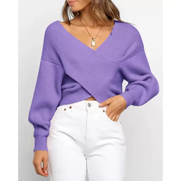 BTFBM Women Casual V Neck Long Sleeve Sweaters Cross Wrap Front Off Shoulder Asymmetric Hem Knitted Crop Solid PulloverSolid Purple
