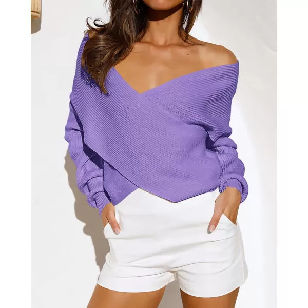 BTFBM Women Casual V Neck Long Sleeve Sweaters Cross Wrap Front Off Shoulder Asymmetric Hem Knitted Crop Solid PulloverSolid Purple