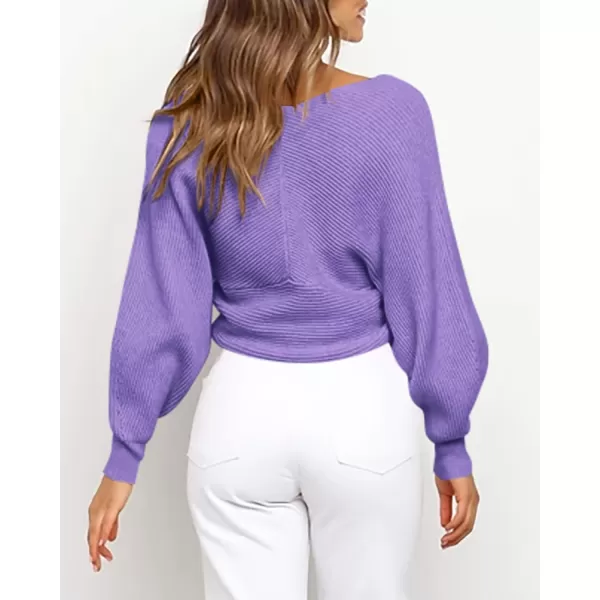 BTFBM Women Casual V Neck Long Sleeve Sweaters Cross Wrap Front Off Shoulder Asymmetric Hem Knitted Crop Solid PulloverSolid Purple