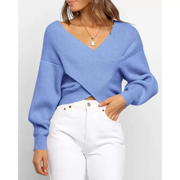 BTFBM Women Casual V Neck Long Sleeve Sweaters Cross Wrap Front Off Shoulder Asymmetric Hem Knitted Crop Solid PulloverSolid Sky Blue