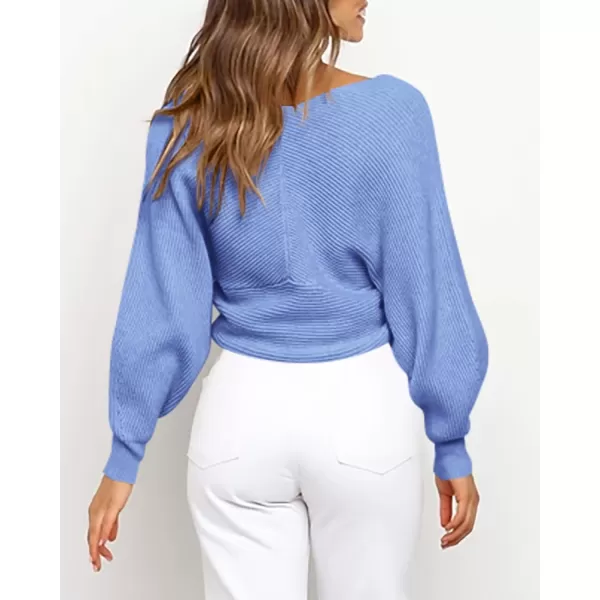BTFBM Women Casual V Neck Long Sleeve Sweaters Cross Wrap Front Off Shoulder Asymmetric Hem Knitted Crop Solid PulloverSolid Sky Blue