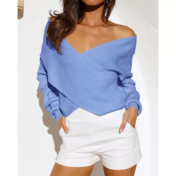 BTFBM Women Casual V Neck Long Sleeve Sweaters Cross Wrap Front Off Shoulder Asymmetric Hem Knitted Crop Solid PulloverSolid Sky Blue