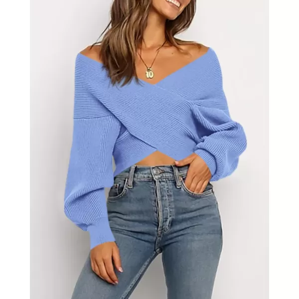 BTFBM Women Casual V Neck Long Sleeve Sweaters Cross Wrap Front Off Shoulder Asymmetric Hem Knitted Crop Solid PulloverSolid Sky Blue