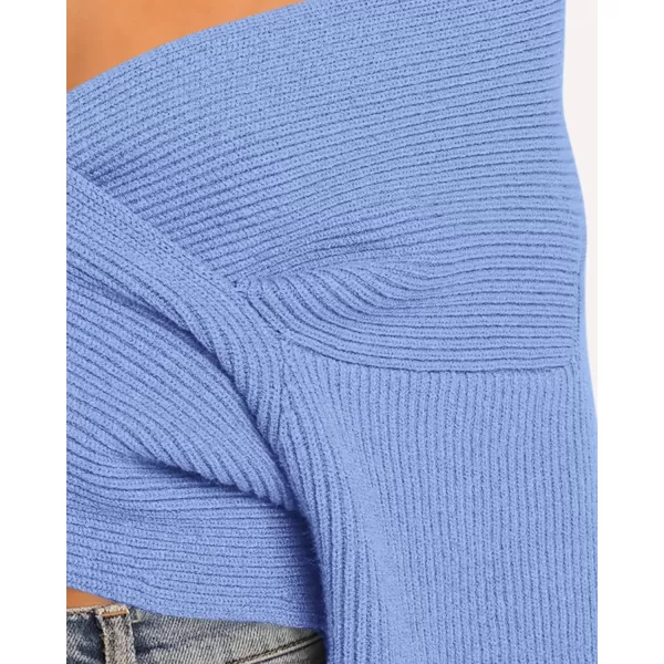 BTFBM Women Casual V Neck Long Sleeve Sweaters Cross Wrap Front Off Shoulder Asymmetric Hem Knitted Crop Solid PulloverSolid Sky Blue