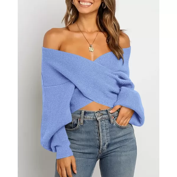 BTFBM Women Casual V Neck Long Sleeve Sweaters Cross Wrap Front Off Shoulder Asymmetric Hem Knitted Crop Solid PulloverSolid Sky Blue