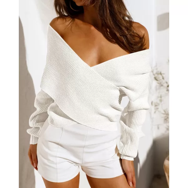 BTFBM Women Casual V Neck Long Sleeve Sweaters Cross Wrap Front Off Shoulder Asymmetric Hem Knitted Crop Solid PulloverSolid White