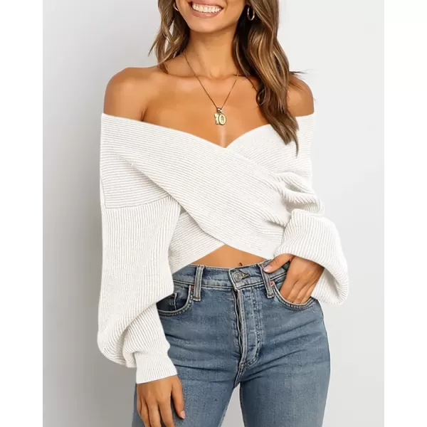 BTFBM Women Casual V Neck Long Sleeve Sweaters Cross Wrap Front Off Shoulder Asymmetric Hem Knitted Crop Solid PulloverSolid White