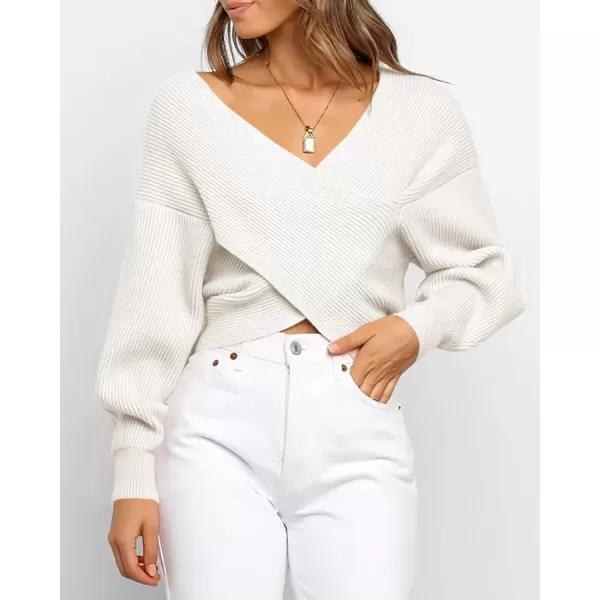 BTFBM Women Casual V Neck Long Sleeve Sweaters Cross Wrap Front Off Shoulder Asymmetric Hem Knitted Crop Solid PulloverSolid White