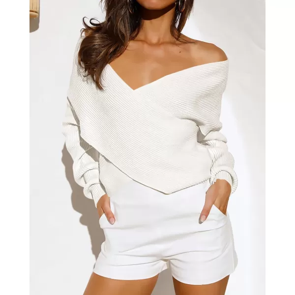 BTFBM Women Casual V Neck Long Sleeve Sweaters Cross Wrap Front Off Shoulder Asymmetric Hem Knitted Crop Solid PulloverSolid White