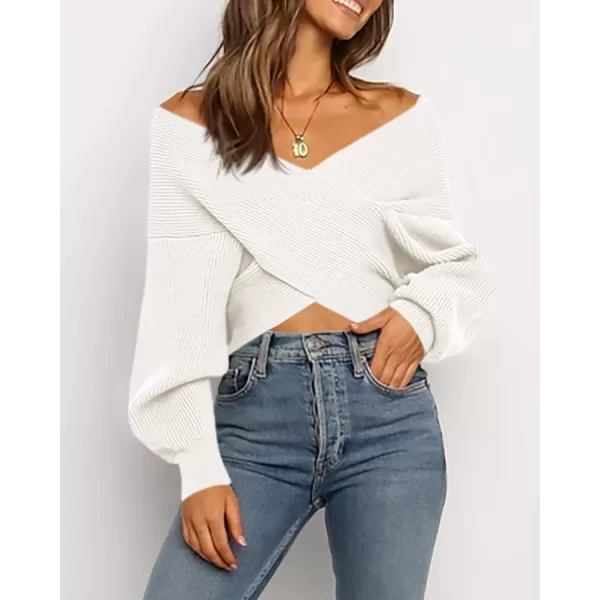 BTFBM Women Casual V Neck Long Sleeve Sweaters Cross Wrap Front Off Shoulder Asymmetric Hem Knitted Crop Solid PulloverSolid White