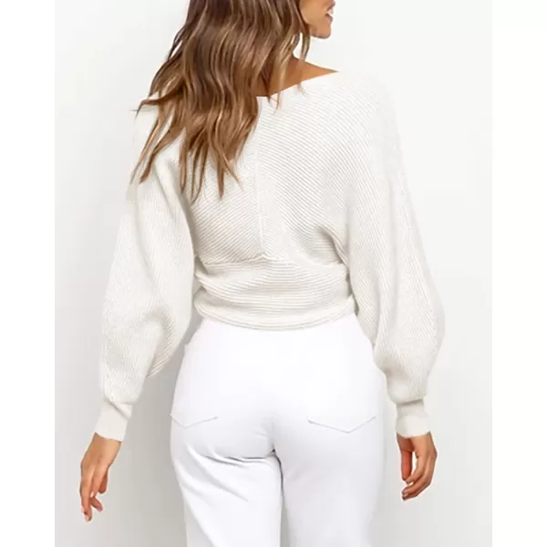 BTFBM Women Casual V Neck Long Sleeve Sweaters Cross Wrap Front Off Shoulder Asymmetric Hem Knitted Crop Solid PulloverSolid White