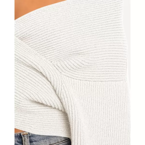 BTFBM Women Casual V Neck Long Sleeve Sweaters Cross Wrap Front Off Shoulder Asymmetric Hem Knitted Crop Solid PulloverSolid White