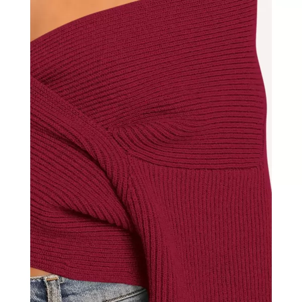BTFBM Women Casual V Neck Long Sleeve Sweaters Cross Wrap Front Off Shoulder Asymmetric Hem Knitted Crop Solid PulloverSolid Wine Red