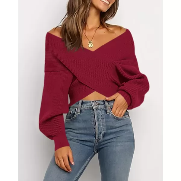 BTFBM Women Casual V Neck Long Sleeve Sweaters Cross Wrap Front Off Shoulder Asymmetric Hem Knitted Crop Solid PulloverSolid Wine Red
