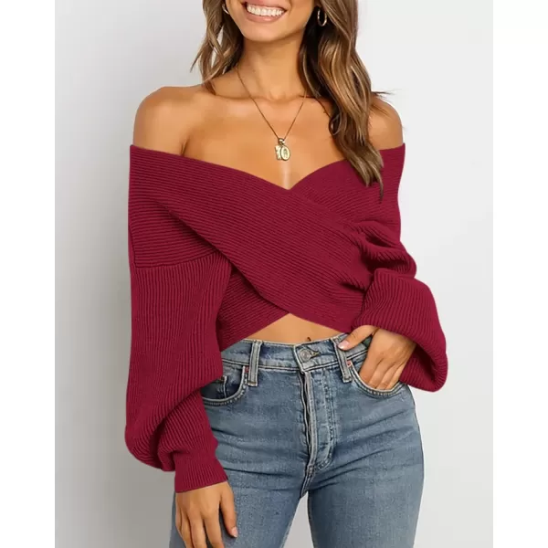 BTFBM Women Casual V Neck Long Sleeve Sweaters Cross Wrap Front Off Shoulder Asymmetric Hem Knitted Crop Solid PulloverSolid Wine Red