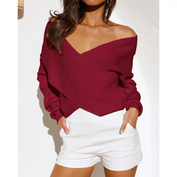 BTFBM Women Casual V Neck Long Sleeve Sweaters Cross Wrap Front Off Shoulder Asymmetric Hem Knitted Crop Solid PulloverSolid Wine Red