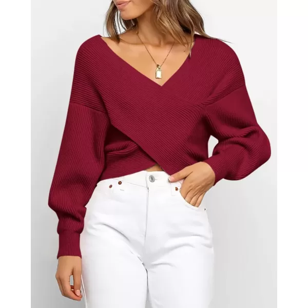 BTFBM Women Casual V Neck Long Sleeve Sweaters Cross Wrap Front Off Shoulder Asymmetric Hem Knitted Crop Solid PulloverSolid Wine Red