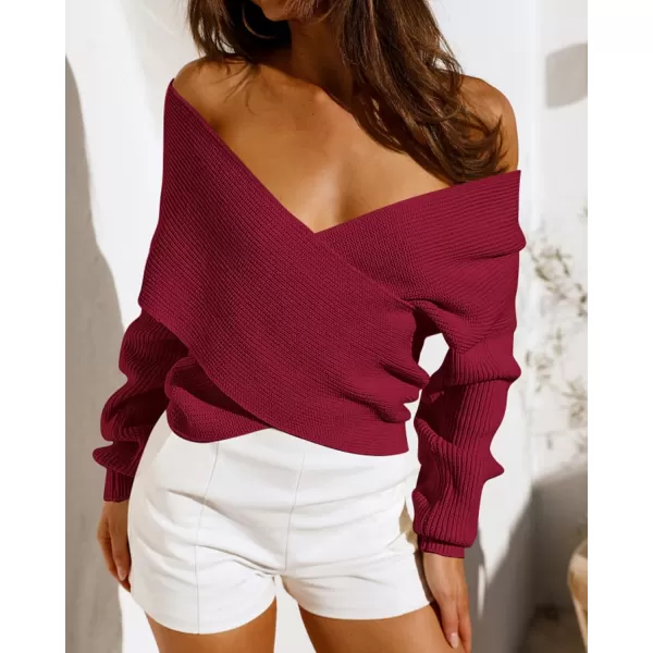 BTFBM Women Casual V Neck Long Sleeve Sweaters Cross Wrap Front Off Shoulder Asymmetric Hem Knitted Crop Solid PulloverSolid Wine Red