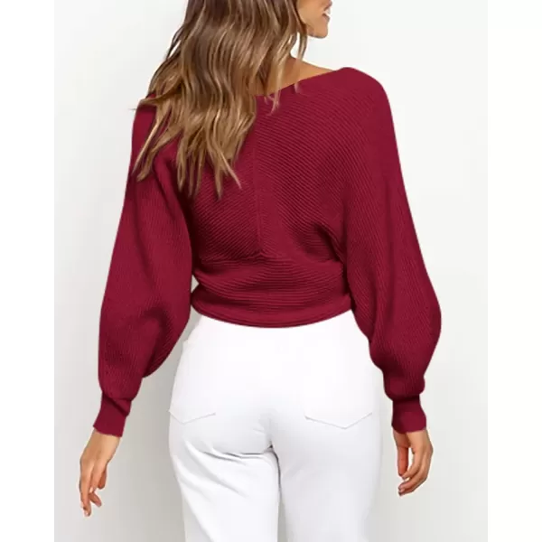 BTFBM Women Casual V Neck Long Sleeve Sweaters Cross Wrap Front Off Shoulder Asymmetric Hem Knitted Crop Solid PulloverSolid Wine Red