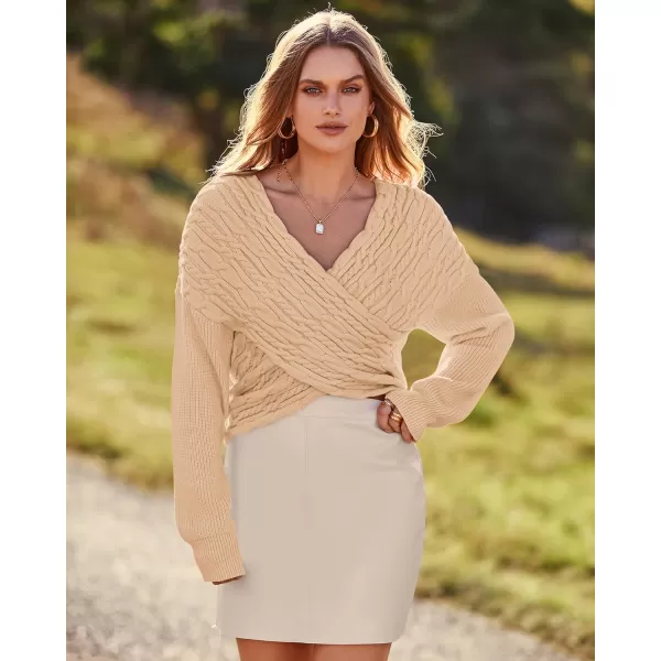 BTFBM Women Casual V Neck Long Sleeve Sweaters Cross Wrap Front Off Shoulder Asymmetric Hem Knitted Crop Solid PulloverTwist Beige Apricot