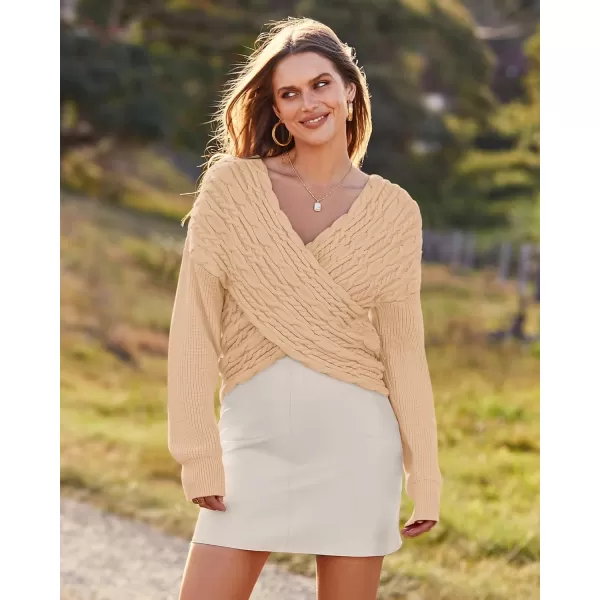 BTFBM Women Casual V Neck Long Sleeve Sweaters Cross Wrap Front Off Shoulder Asymmetric Hem Knitted Crop Solid PulloverTwist Beige Apricot