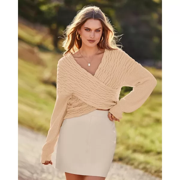 BTFBM Women Casual V Neck Long Sleeve Sweaters Cross Wrap Front Off Shoulder Asymmetric Hem Knitted Crop Solid PulloverTwist Beige Apricot