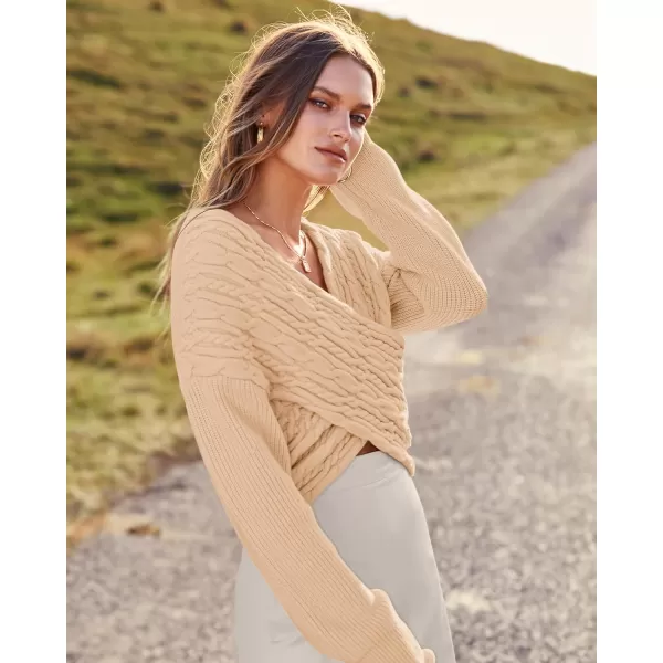 BTFBM Women Casual V Neck Long Sleeve Sweaters Cross Wrap Front Off Shoulder Asymmetric Hem Knitted Crop Solid PulloverTwist Beige Apricot