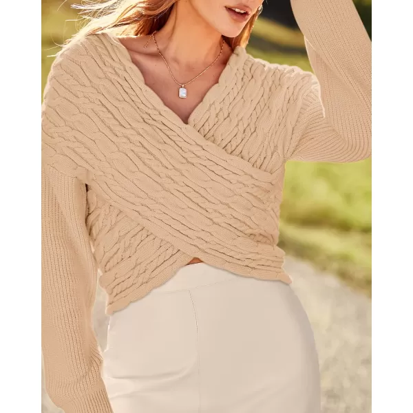 BTFBM Women Casual V Neck Long Sleeve Sweaters Cross Wrap Front Off Shoulder Asymmetric Hem Knitted Crop Solid PulloverTwist Beige Apricot
