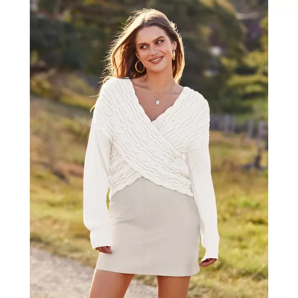 BTFBM Women Casual V Neck Long Sleeve Sweaters Cross Wrap Front Off Shoulder Asymmetric Hem Knitted Crop Solid PulloverTwist Beige White