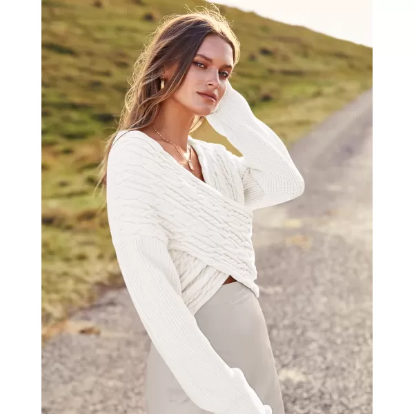 BTFBM Women Casual V Neck Long Sleeve Sweaters Cross Wrap Front Off Shoulder Asymmetric Hem Knitted Crop Solid PulloverTwist Beige White