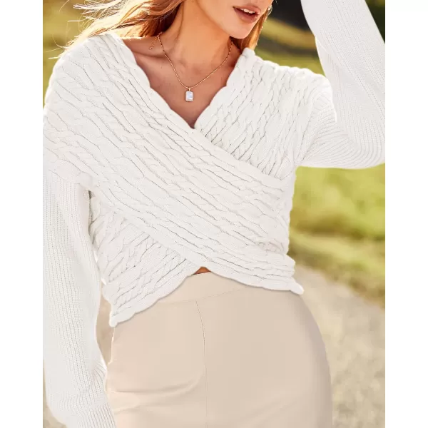 BTFBM Women Casual V Neck Long Sleeve Sweaters Cross Wrap Front Off Shoulder Asymmetric Hem Knitted Crop Solid PulloverTwist Beige White