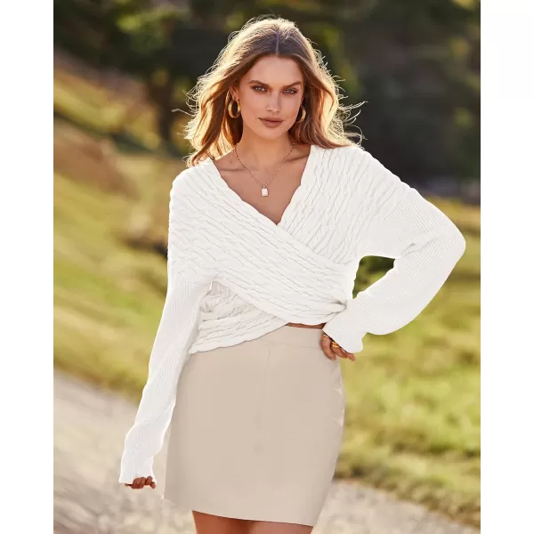 BTFBM Women Casual V Neck Long Sleeve Sweaters Cross Wrap Front Off Shoulder Asymmetric Hem Knitted Crop Solid PulloverTwist Beige White