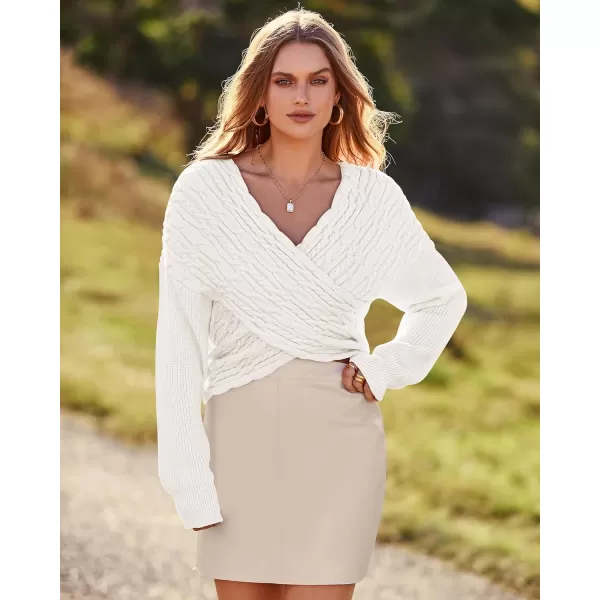 BTFBM Women Casual V Neck Long Sleeve Sweaters Cross Wrap Front Off Shoulder Asymmetric Hem Knitted Crop Solid PulloverTwist Beige White