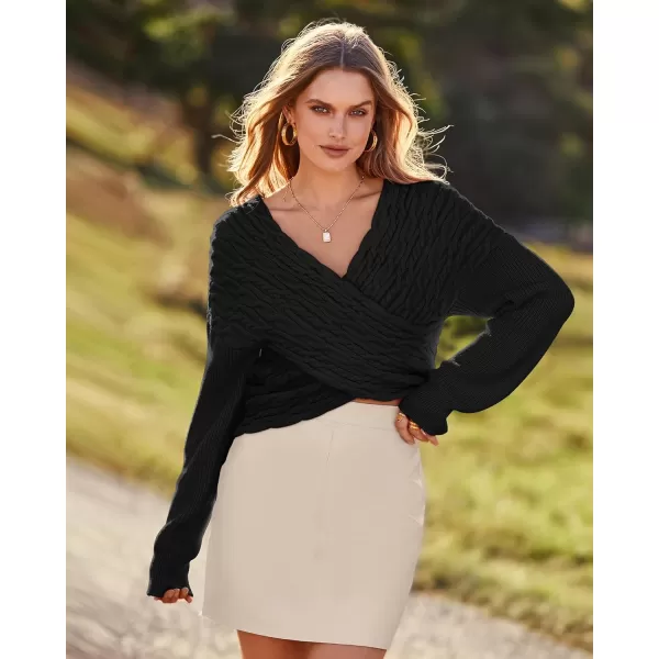BTFBM Women Casual V Neck Long Sleeve Sweaters Cross Wrap Front Off Shoulder Asymmetric Hem Knitted Crop Solid PulloverTwist Black