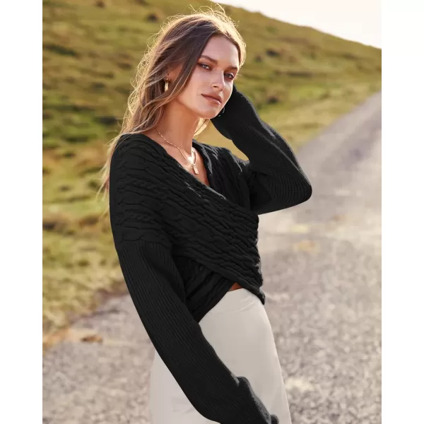 BTFBM Women Casual V Neck Long Sleeve Sweaters Cross Wrap Front Off Shoulder Asymmetric Hem Knitted Crop Solid PulloverTwist Black