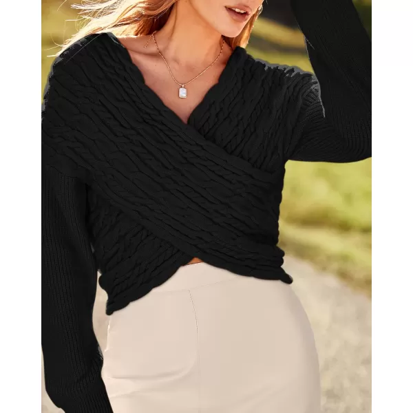 BTFBM Women Casual V Neck Long Sleeve Sweaters Cross Wrap Front Off Shoulder Asymmetric Hem Knitted Crop Solid PulloverTwist Black