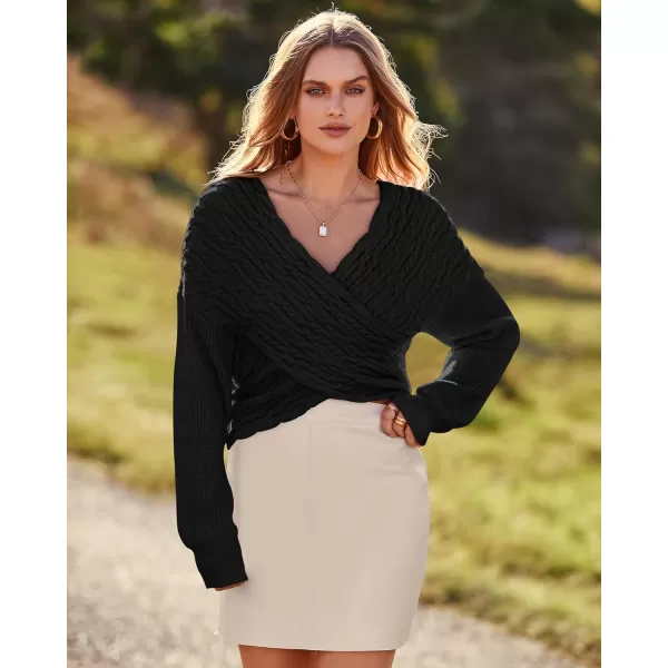 BTFBM Women Casual V Neck Long Sleeve Sweaters Cross Wrap Front Off Shoulder Asymmetric Hem Knitted Crop Solid PulloverTwist Black