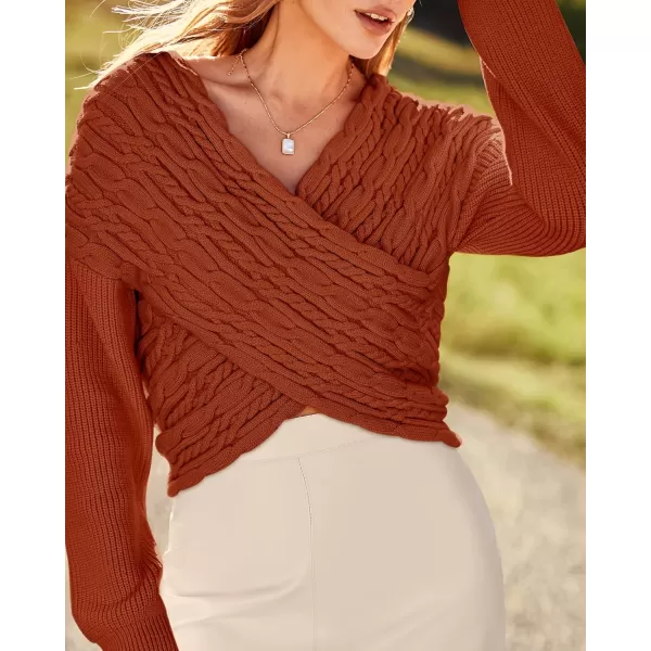 BTFBM Women Casual V Neck Long Sleeve Sweaters Cross Wrap Front Off Shoulder Asymmetric Hem Knitted Crop Solid PulloverTwist Caramel