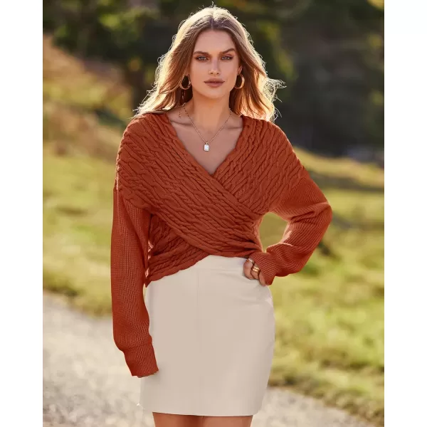 BTFBM Women Casual V Neck Long Sleeve Sweaters Cross Wrap Front Off Shoulder Asymmetric Hem Knitted Crop Solid PulloverTwist Caramel