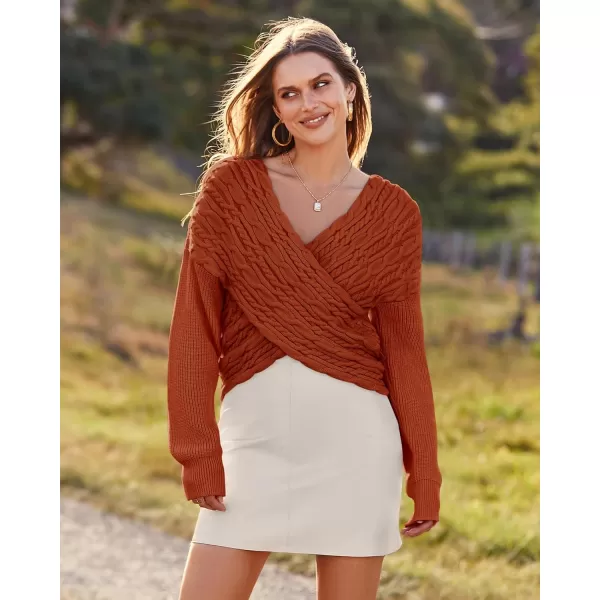 BTFBM Women Casual V Neck Long Sleeve Sweaters Cross Wrap Front Off Shoulder Asymmetric Hem Knitted Crop Solid PulloverTwist Caramel