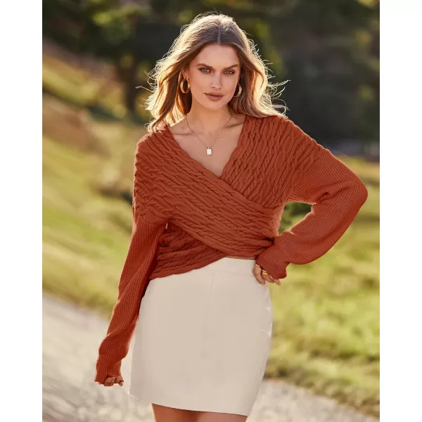 BTFBM Women Casual V Neck Long Sleeve Sweaters Cross Wrap Front Off Shoulder Asymmetric Hem Knitted Crop Solid PulloverTwist Caramel
