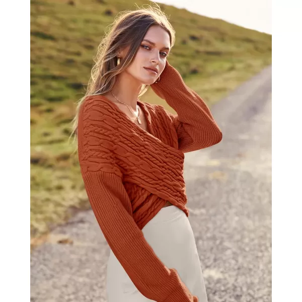 BTFBM Women Casual V Neck Long Sleeve Sweaters Cross Wrap Front Off Shoulder Asymmetric Hem Knitted Crop Solid PulloverTwist Caramel