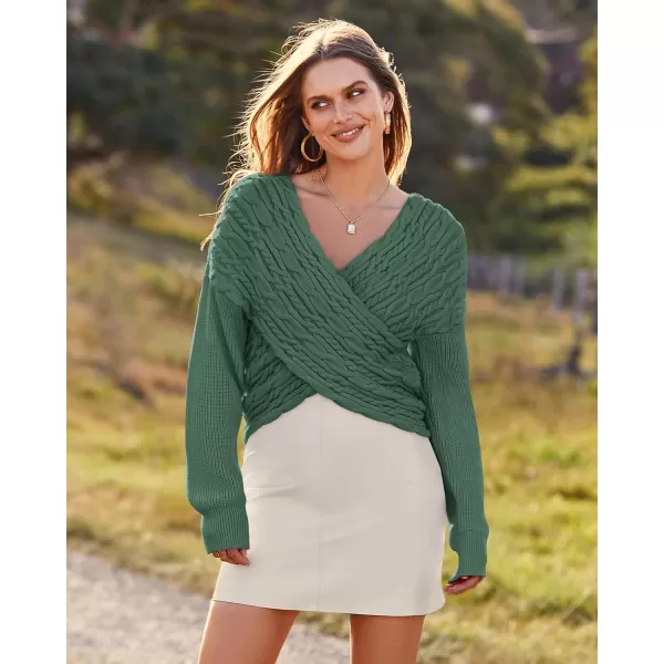 BTFBM Women Casual V Neck Long Sleeve Sweaters Cross Wrap Front Off Shoulder Asymmetric Hem Knitted Crop Solid PulloverTwist Dark Green