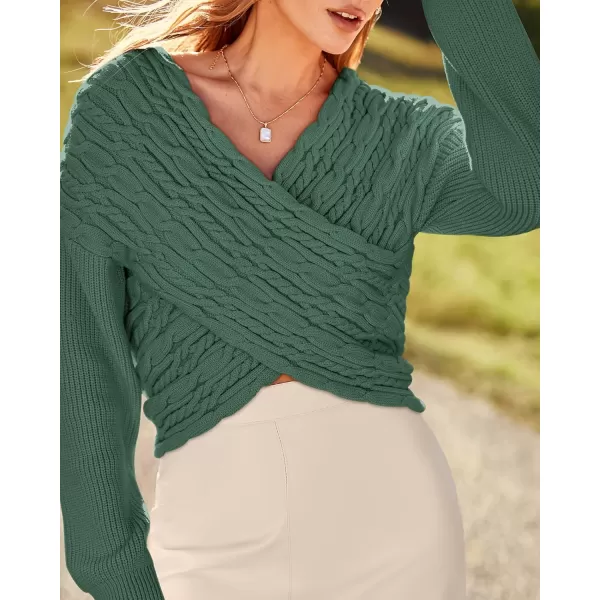 BTFBM Women Casual V Neck Long Sleeve Sweaters Cross Wrap Front Off Shoulder Asymmetric Hem Knitted Crop Solid PulloverTwist Dark Green