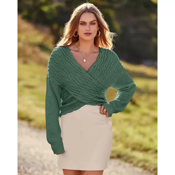 BTFBM Women Casual V Neck Long Sleeve Sweaters Cross Wrap Front Off Shoulder Asymmetric Hem Knitted Crop Solid PulloverTwist Dark Green