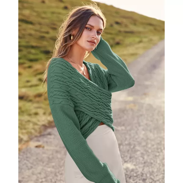 BTFBM Women Casual V Neck Long Sleeve Sweaters Cross Wrap Front Off Shoulder Asymmetric Hem Knitted Crop Solid PulloverTwist Dark Green