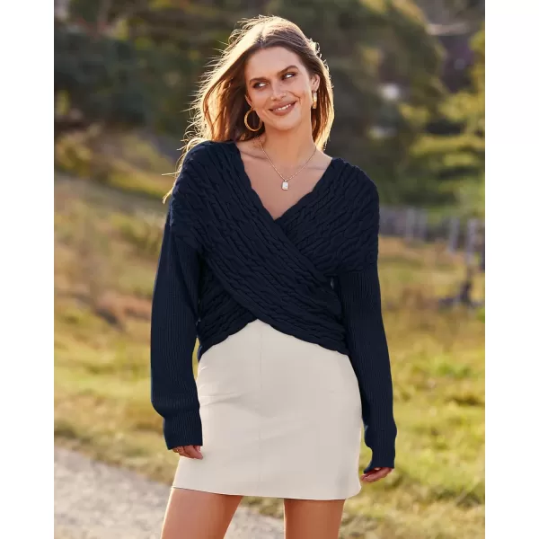 BTFBM Women Casual V Neck Long Sleeve Sweaters Cross Wrap Front Off Shoulder Asymmetric Hem Knitted Crop Solid PulloverTwist Navy